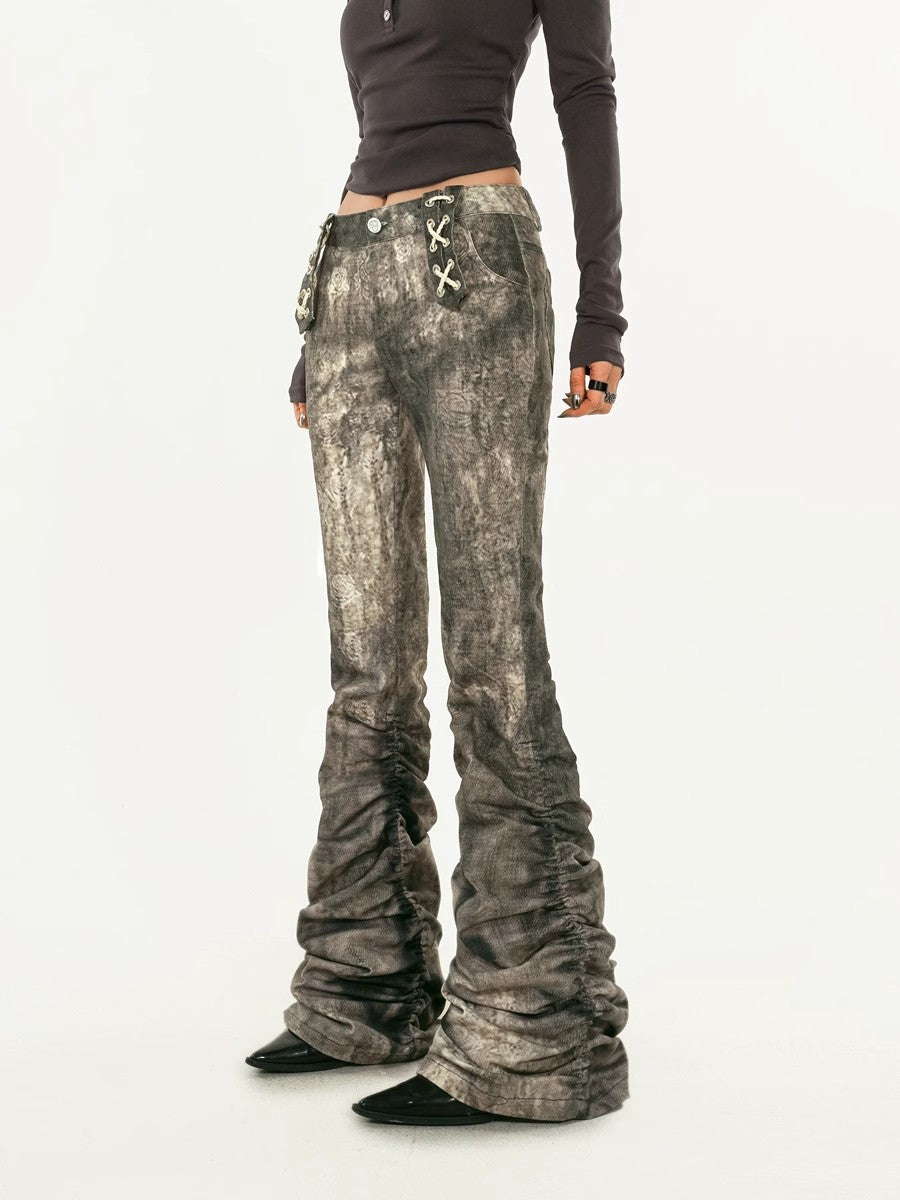 Original retro punk distressed dirty splashed ink pants, micro flared jeans, women's autumn and winter low waisted pants