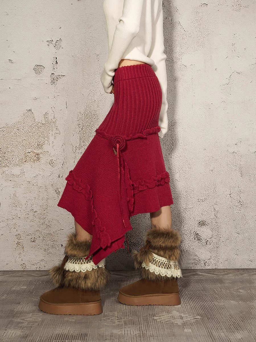 Retro Red Knitted Half Skirt for Women in Autumn and Winter, Irregular Design, Split Hairy Dress