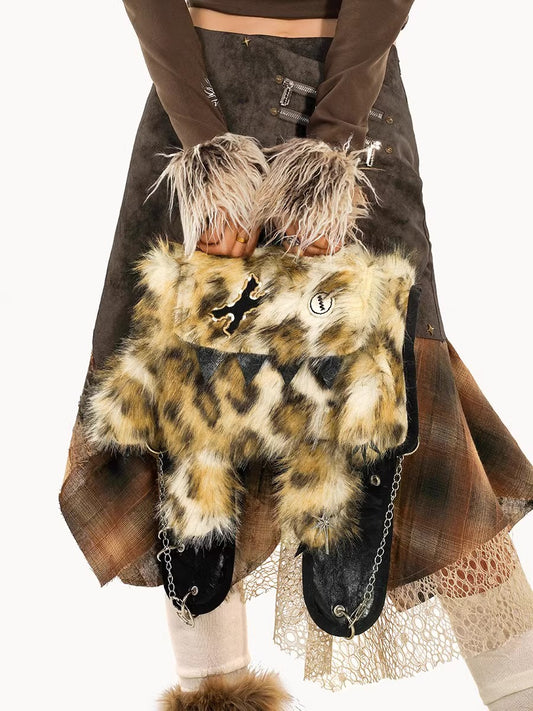 Heavy Industry Metal Ring Design Leopard Pattern Hairy Bag Subcultural Dressing Atmosphere Personalized Bag