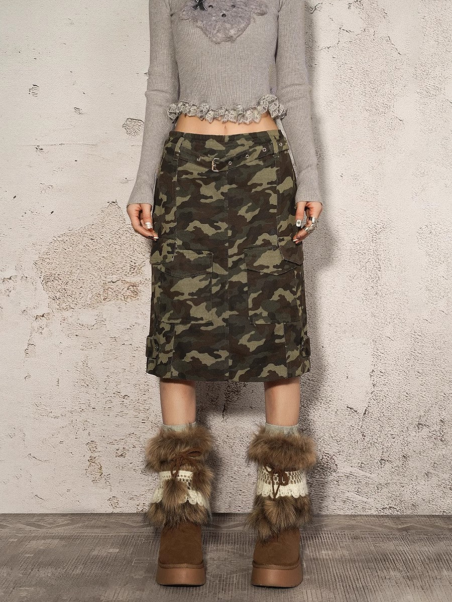 American street trend retro camouflage midi skirt, women's spring and autumn workwear, versatile short skirt