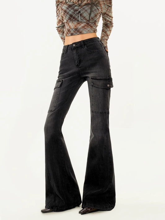 Black high waisted denim bell bottoms women's American retro washed slim fit workwear micro bell pants