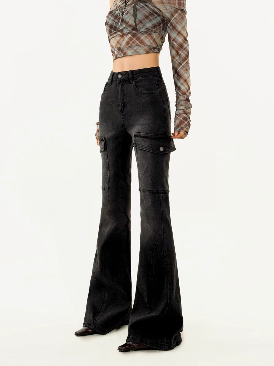 Black high waisted denim bell bottoms women's American retro washed slim fit workwear micro bell pants