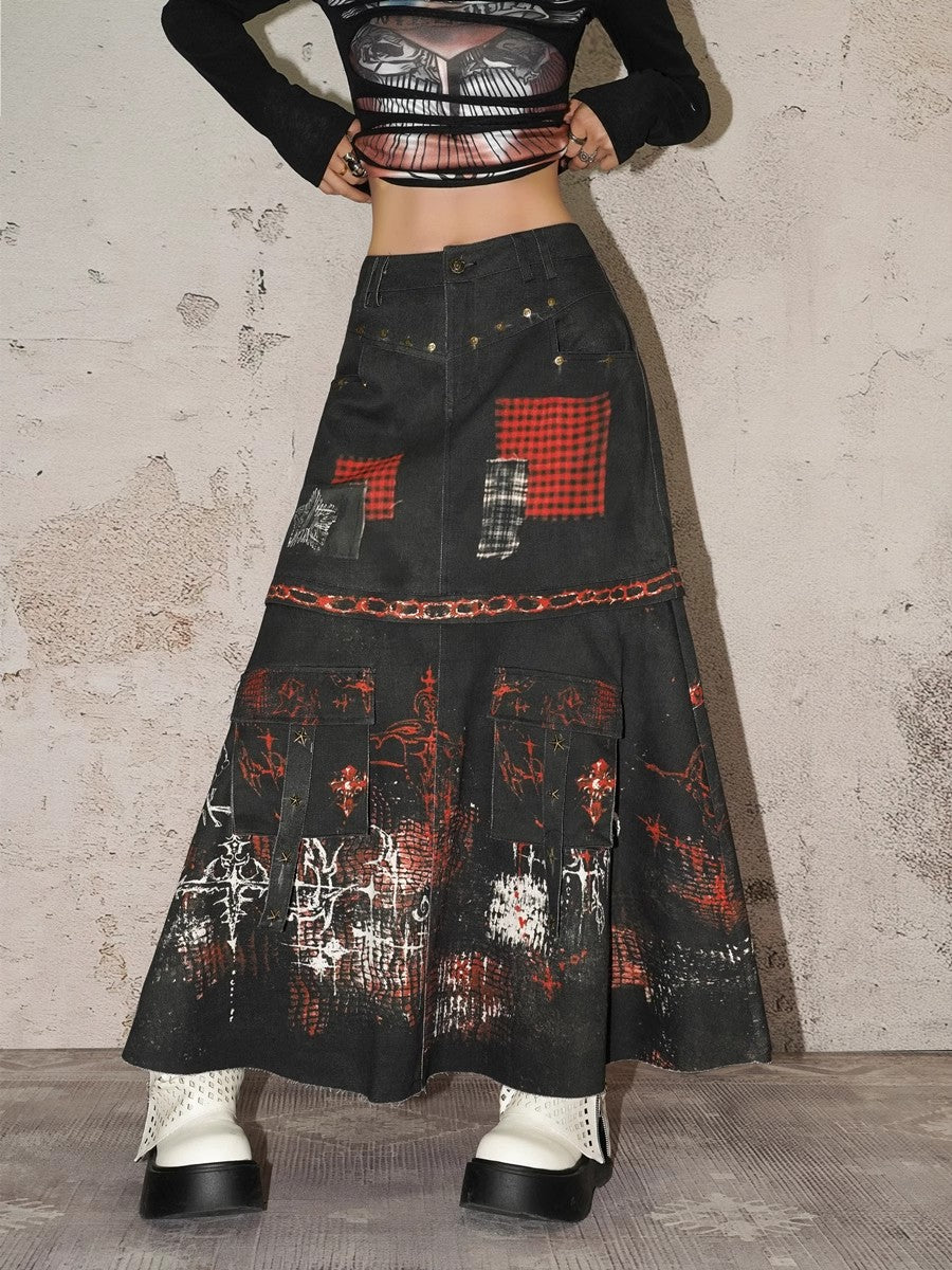 Original punk style heavy industry design sense spicy girl half skirt trend A-line umbrella skirt long skirt