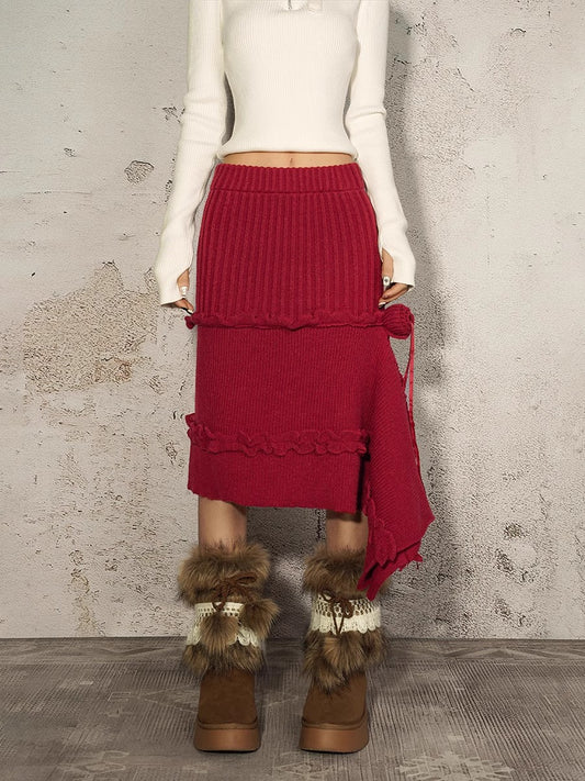 Retro Red Knitted Half Skirt for Women in Autumn and Winter, Irregular Design, Split Hairy Dress