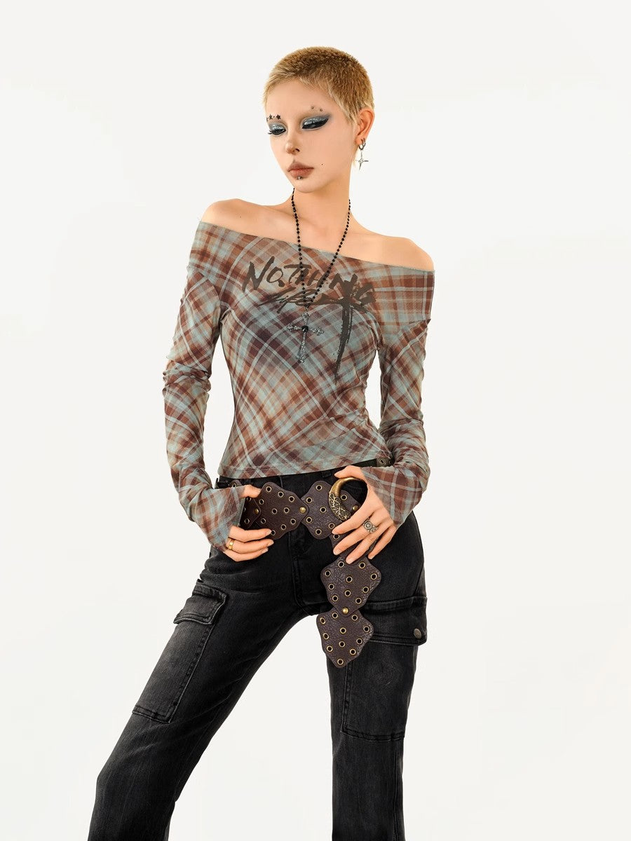 Spicy girl one shoulder mesh plaid top women's long sleeved t-shirt