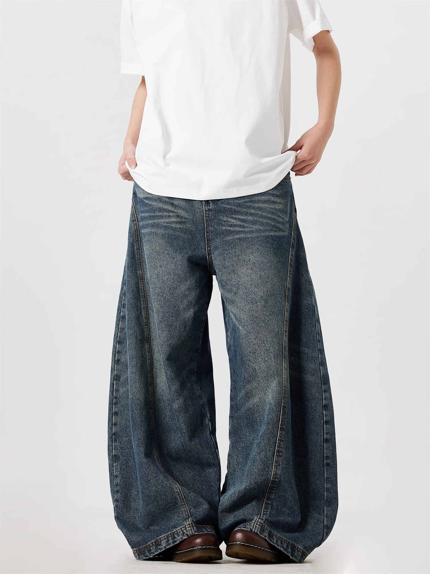 MASEN Retro American Vintage Washed Bent Knife Wide Leg Jeans for Men and Women, Loose and Trendy Long Pants