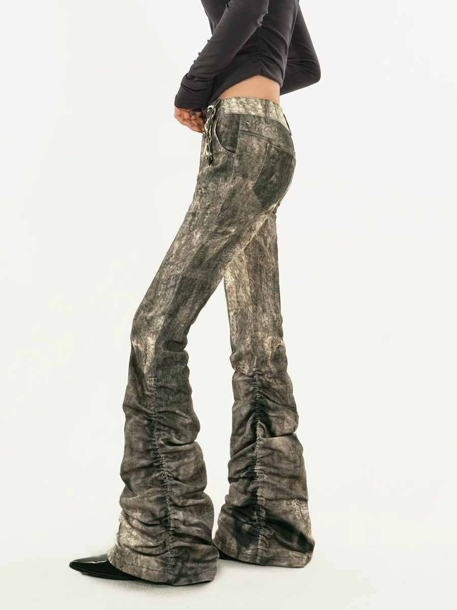 Original retro punk distressed dirty splashed ink pants, micro flared jeans, women's autumn and winter low waisted pants