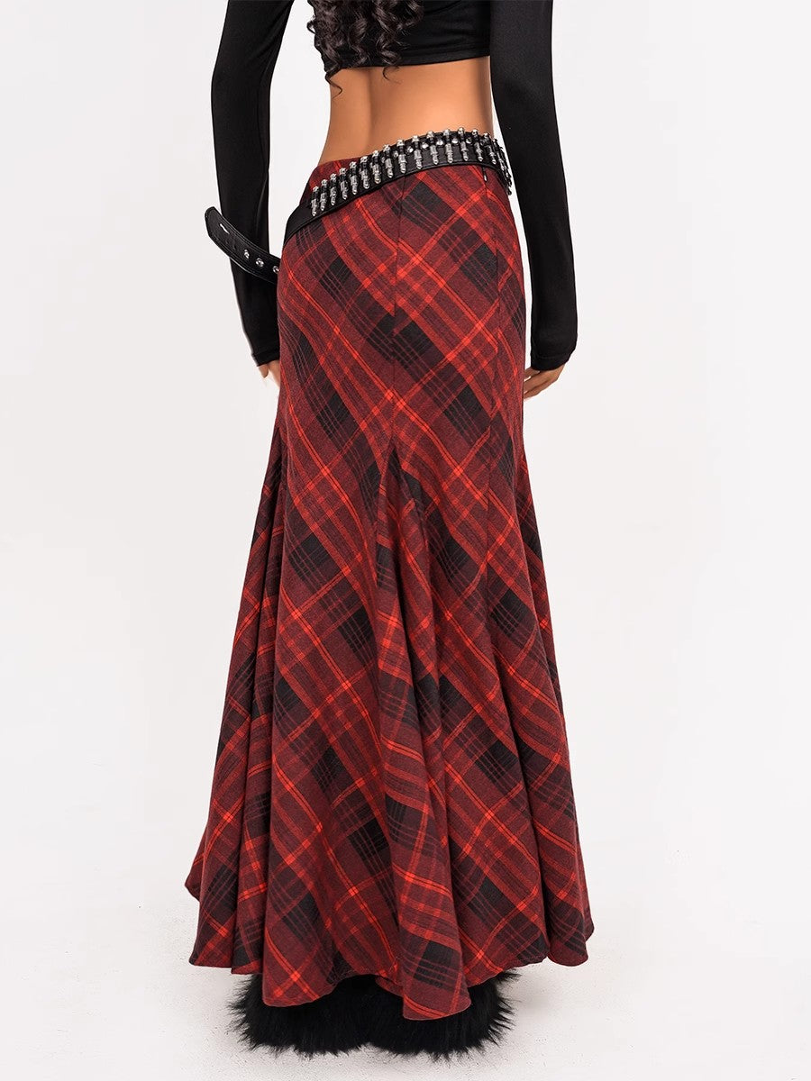 American retro atmosphere, red checkered A-line half length skirt, autumn and winter high waist slimming fish tail hem