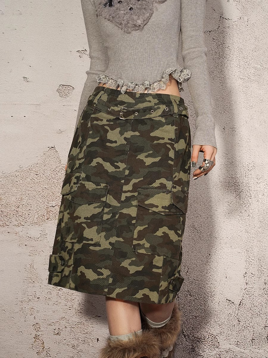 American street trend retro camouflage midi skirt, women's spring and autumn workwear, versatile short skirt