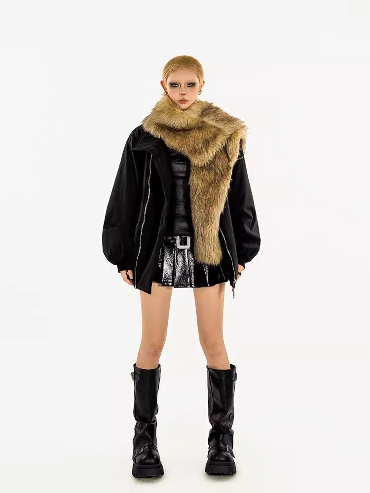 Fashionable big collar motorcycle style overcomes winter detachable fur collar black cotton coat for women