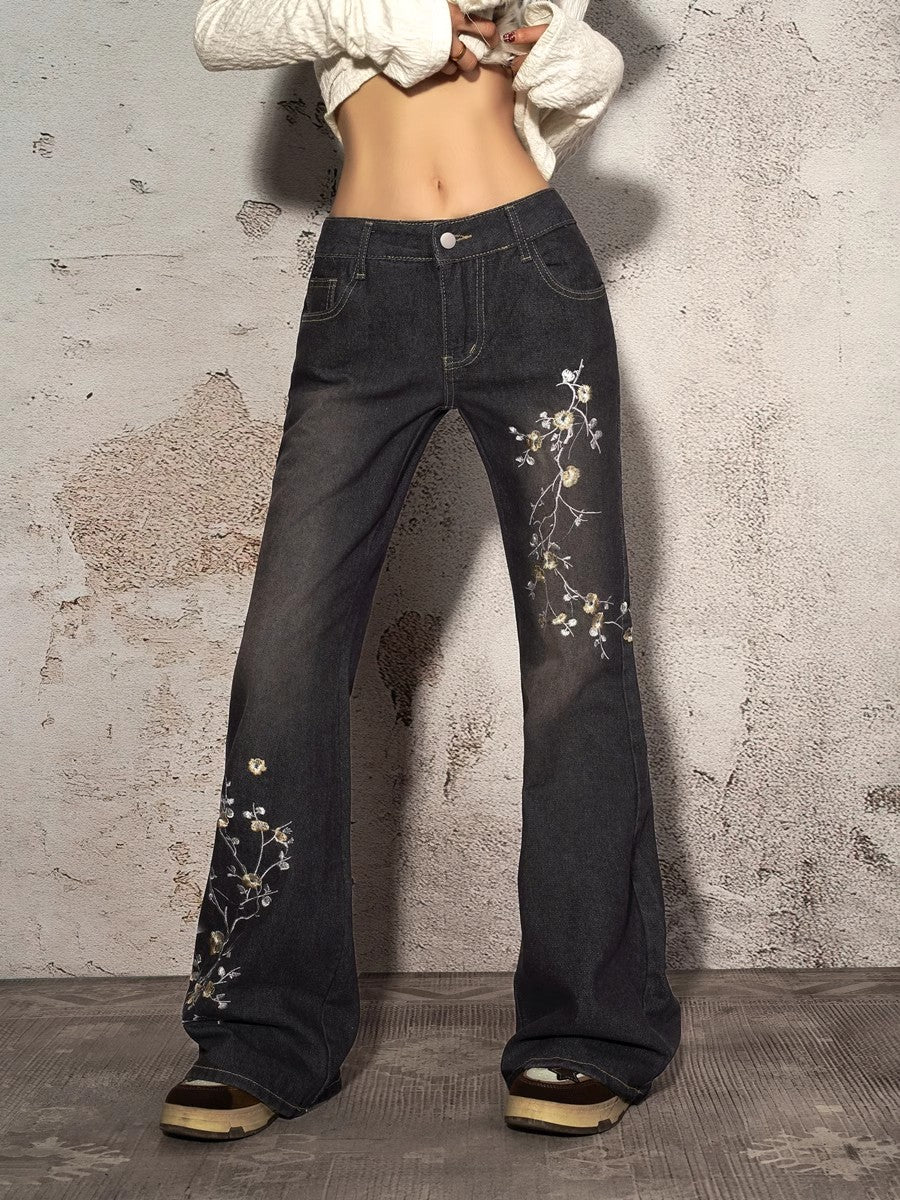 American retro plant pattern embroidered jeans for spicy women, low waist slim fit and slimming straight leg pants