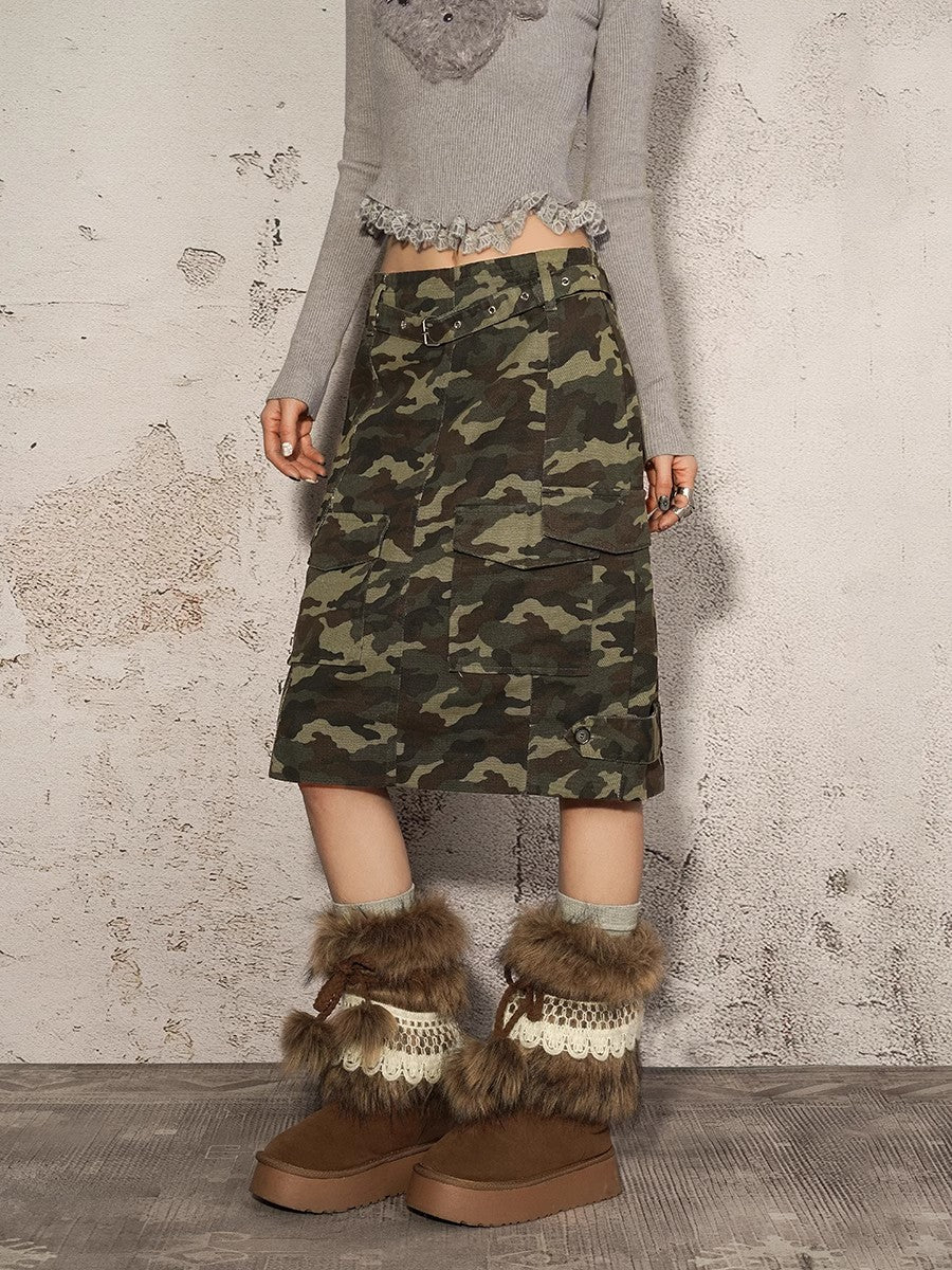 American street trend retro camouflage midi skirt, women's spring and autumn workwear, versatile short skirt