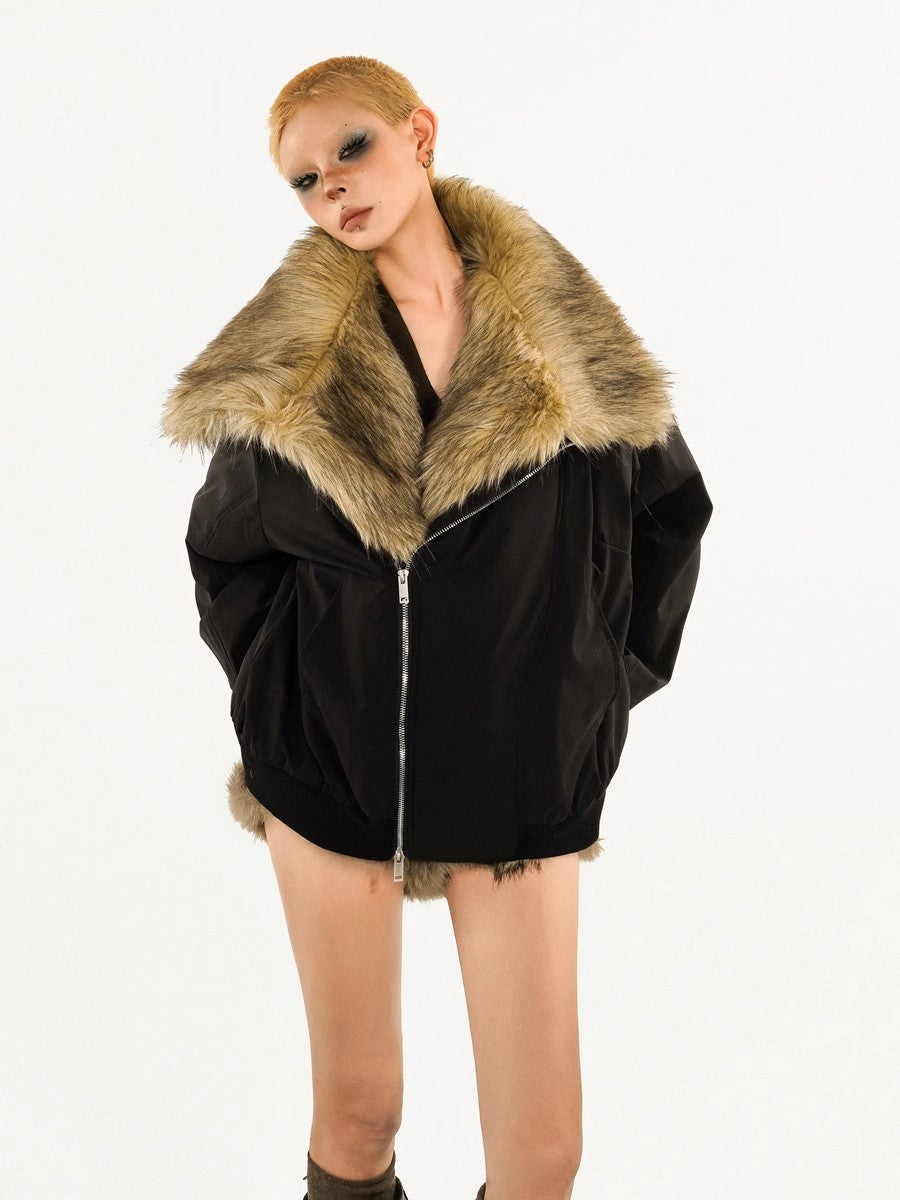 Fashionable big collar motorcycle style overcomes winter detachable fur collar black cotton coat for women