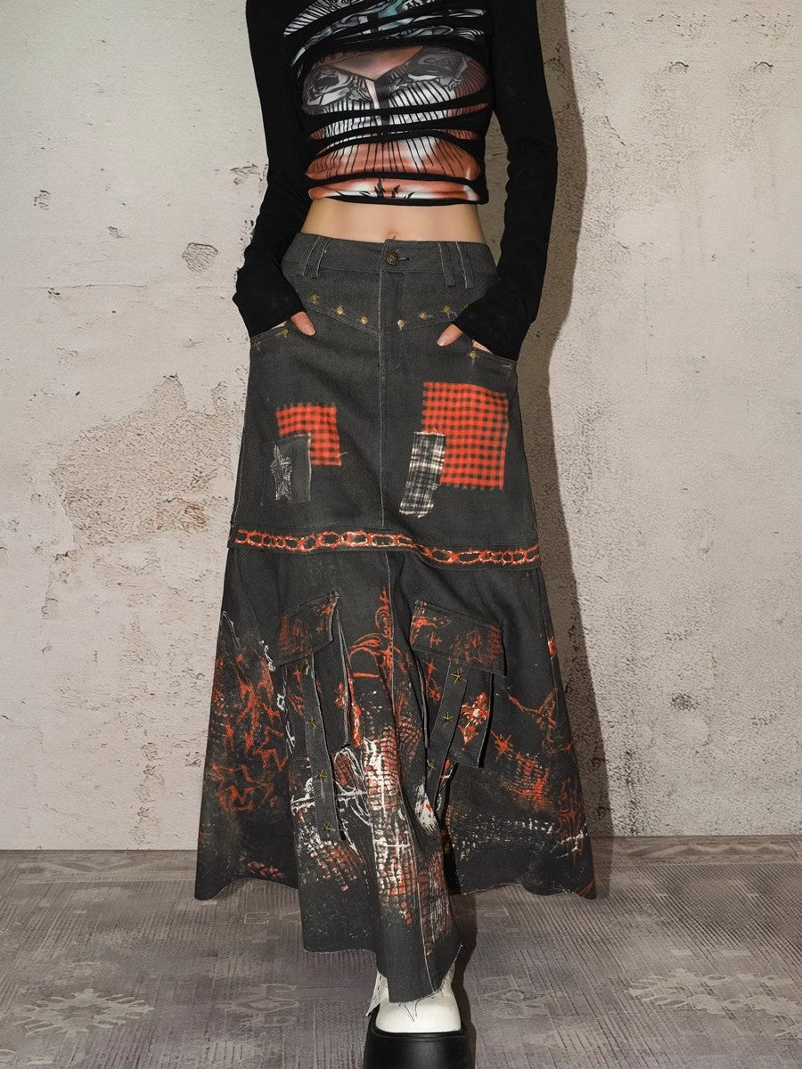 Original punk style heavy industry design sense spicy girl half skirt trend A-line umbrella skirt long skirt