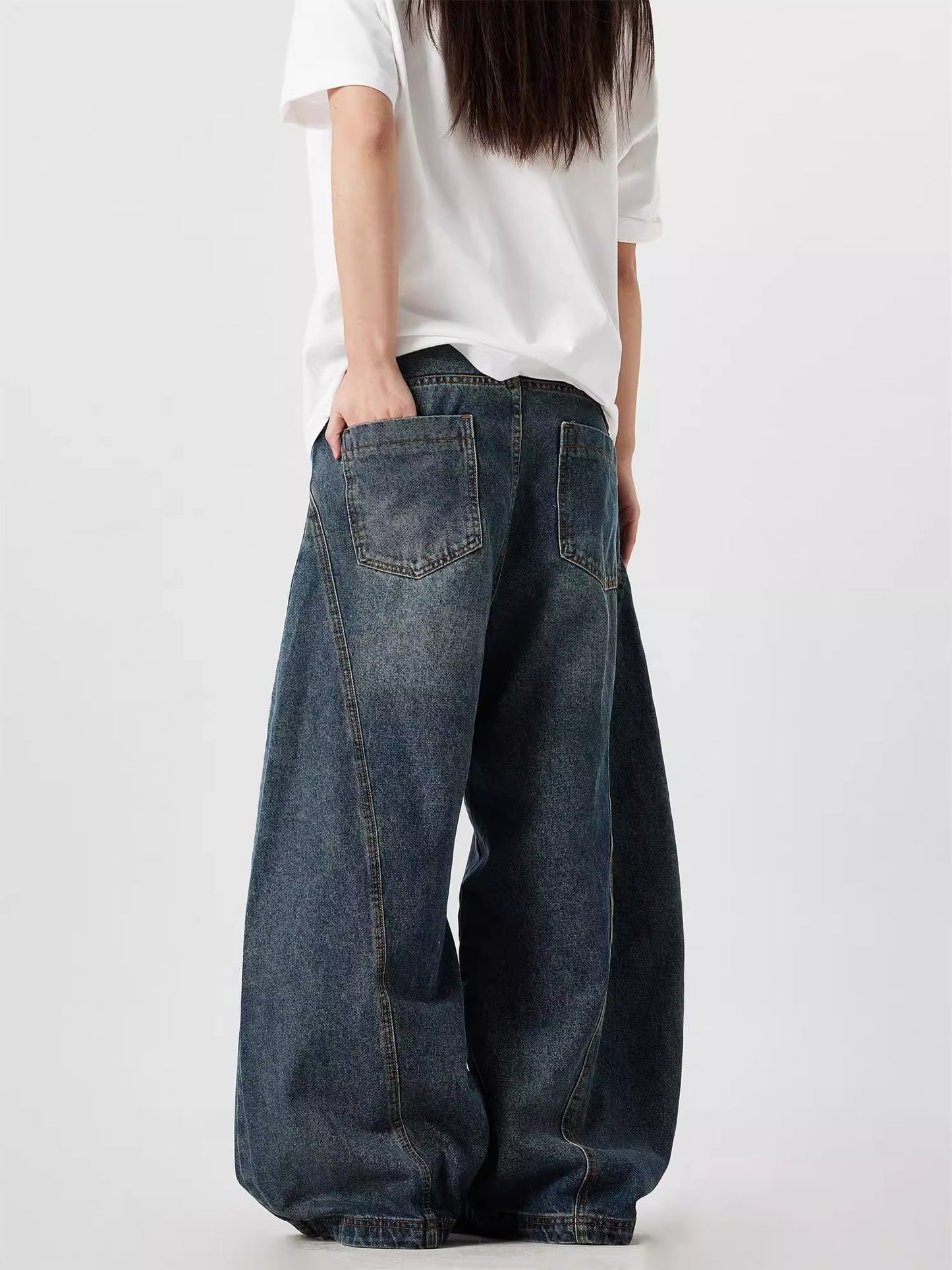 MASEN Retro American Vintage Washed Bent Knife Wide Leg Jeans for Men and Women, Loose and Trendy Long Pants