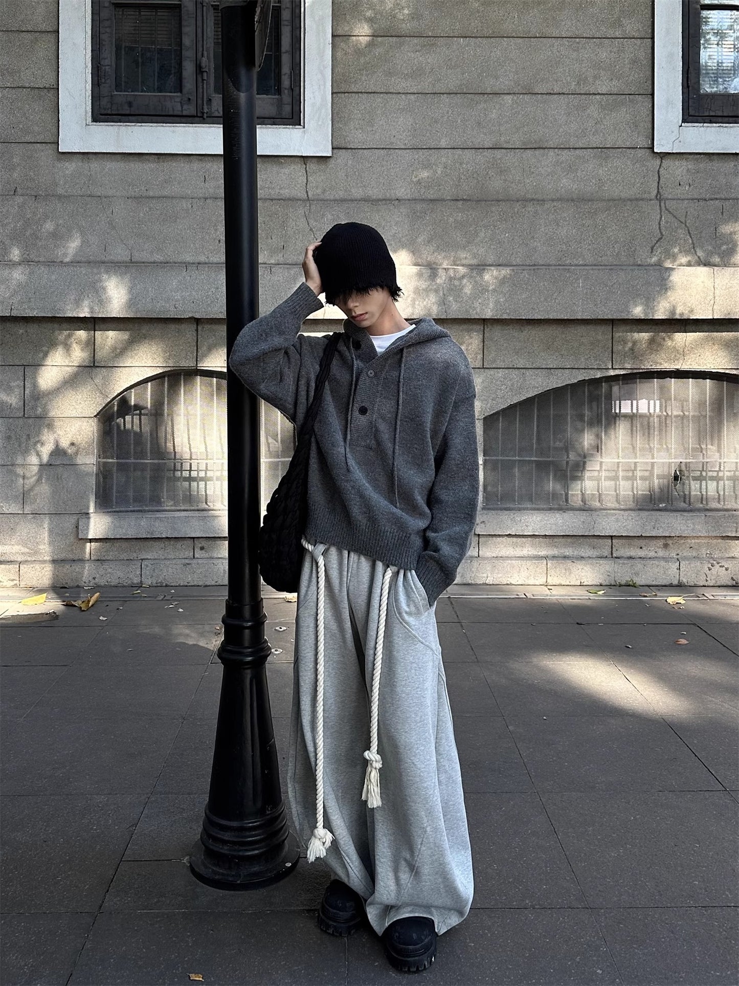 MASEN handmade thick rope wide leg curved knife guard pants casual pants design sense, unisex hip-hop trendy pants