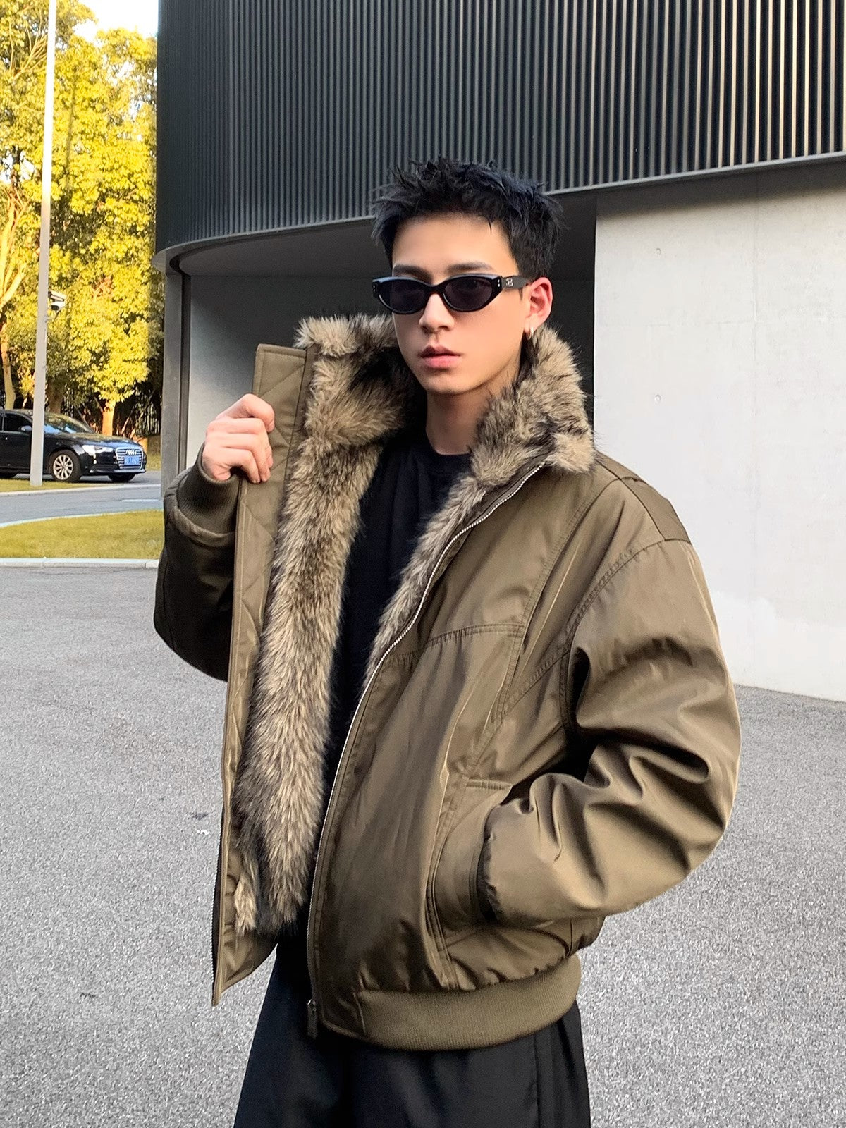 PLTH * American retro deconstructive jacket with thick warm fur collar for winter, versatile and high-end feeling, cotton jacket with jacket