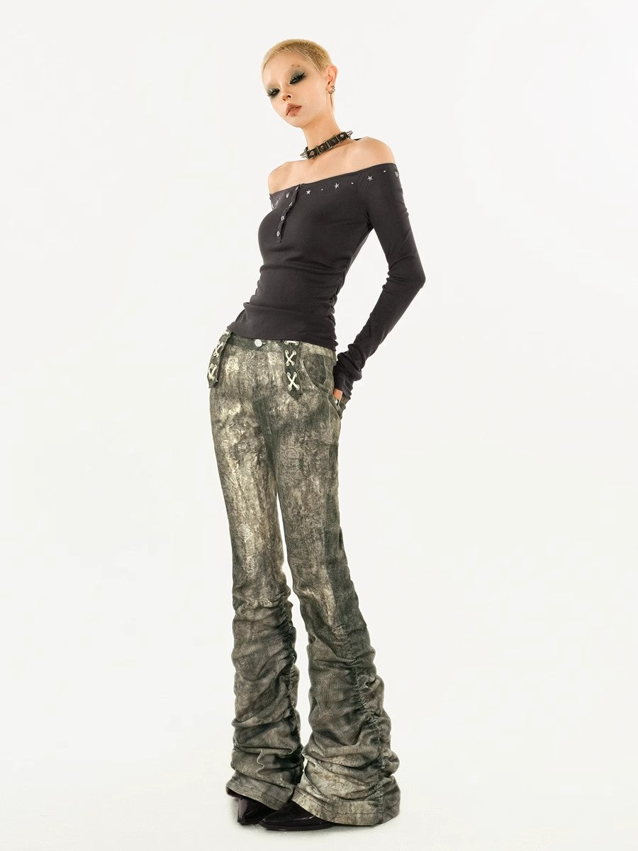 Original retro punk distressed dirty splashed ink pants, micro flared jeans, women's autumn and winter low waisted pants