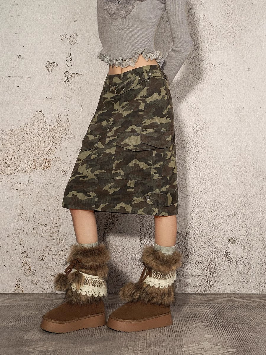 American street trend retro camouflage midi skirt, women's spring and autumn workwear, versatile short skirt