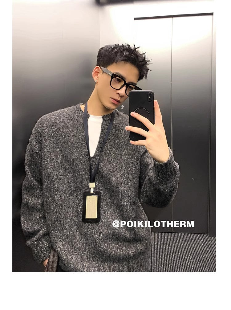 PLTH * Winter Retro Warm V-neck Solid Color Lazy Knitwear Men's Casual Hoodie Autumn Couple Sweater