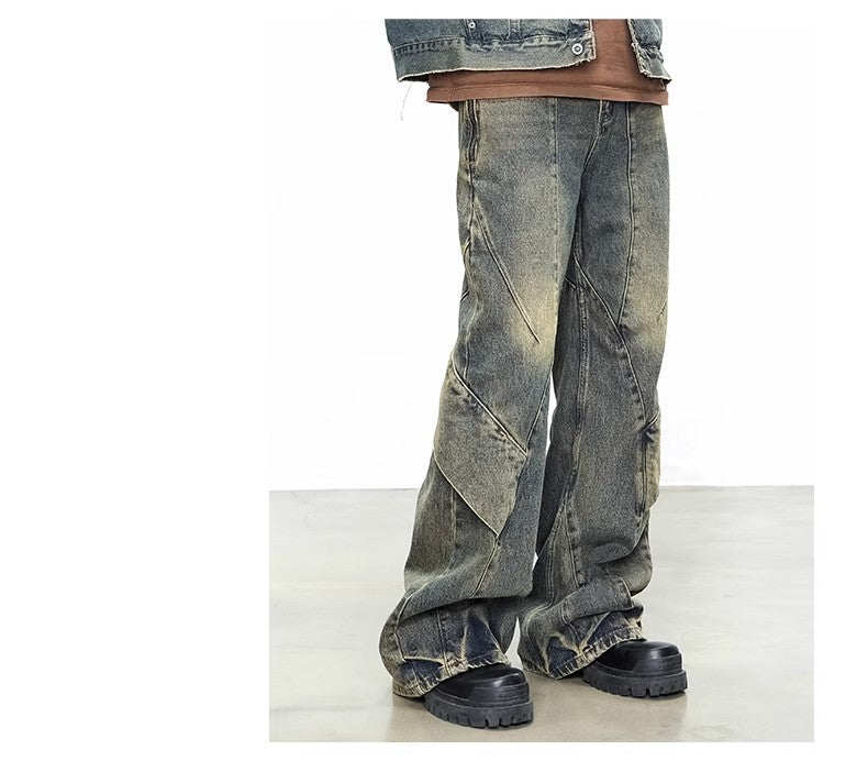 CATS dirty wash flap wide leg jeans for men, washed and worn clean fit loose straight leg casual pants