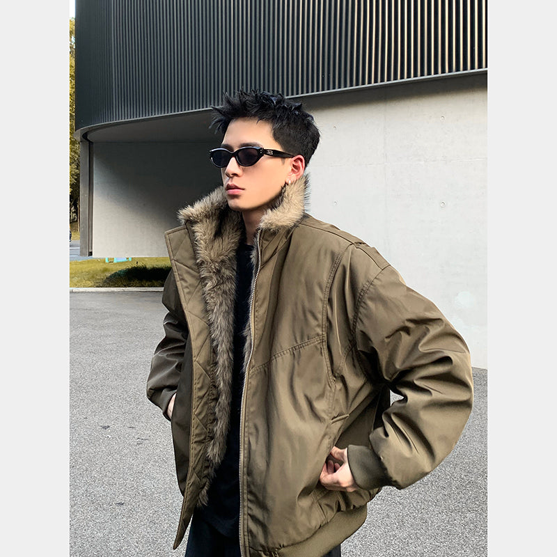 PLTH * American retro deconstructive jacket with thick warm fur collar for winter, versatile and high-end feeling, cotton jacket with jacket