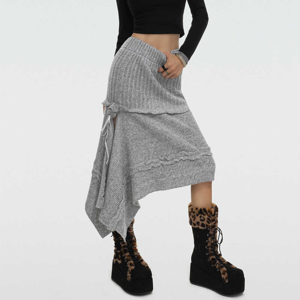 Artistic retro knitted half skirt for women in autumn and winter, irregular design, rose ribbon long skirt