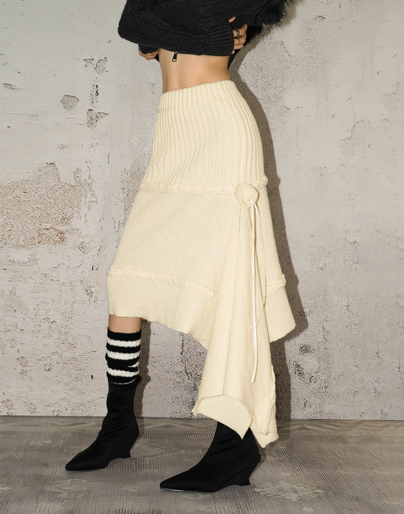 Artistic retro knitted half skirt for women in autumn and winter, irregular design, rose ribbon long skirt