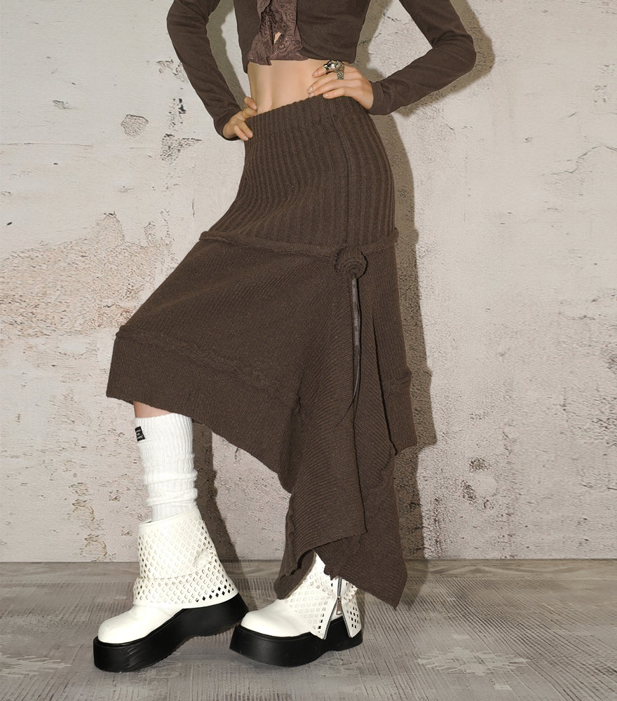 Artistic retro knitted half skirt for women in autumn and winter, irregular design, rose ribbon long skirt